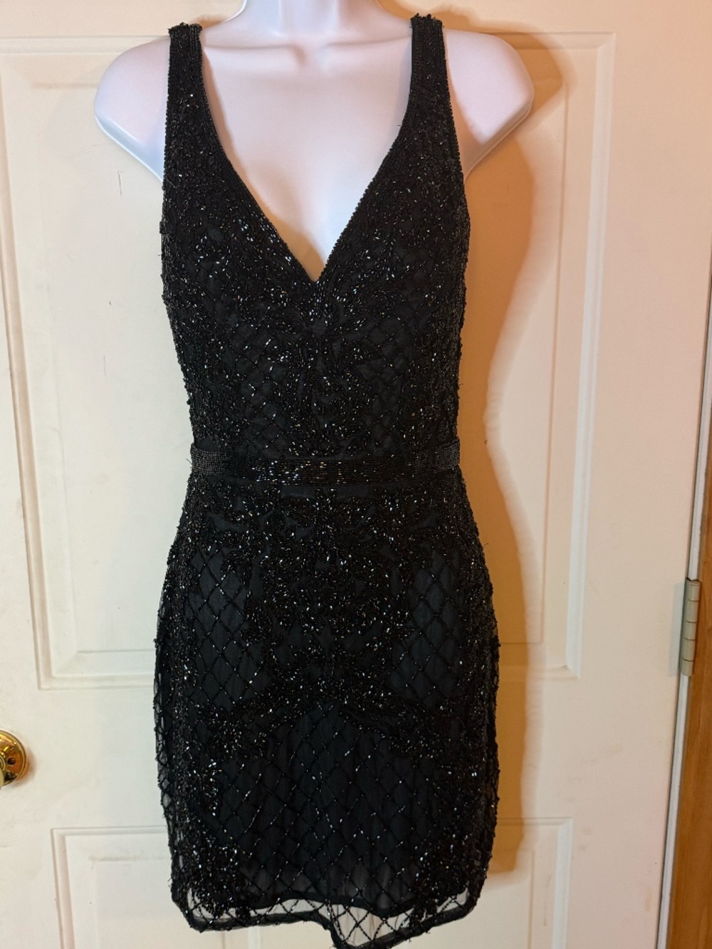 Black Fully Beaded Open Back Mini Dress Pageant Dance Cocktail Approx Sz 2/4
